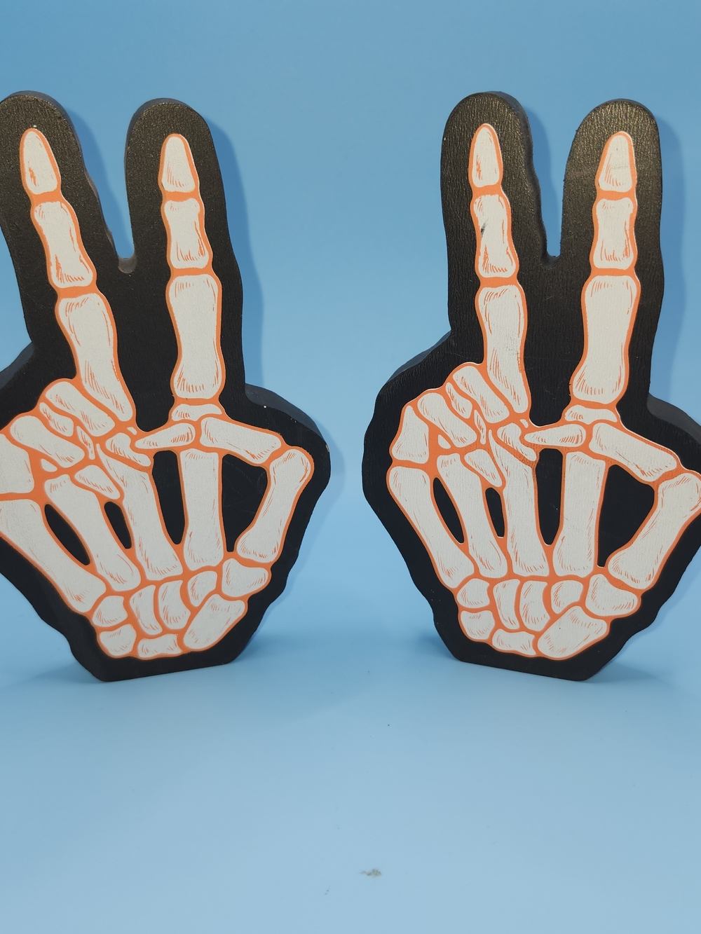 Lot of 2 Halloween Skeleton Hand Peace Sign Wood Cutout Tabletop Decor 3D Sign